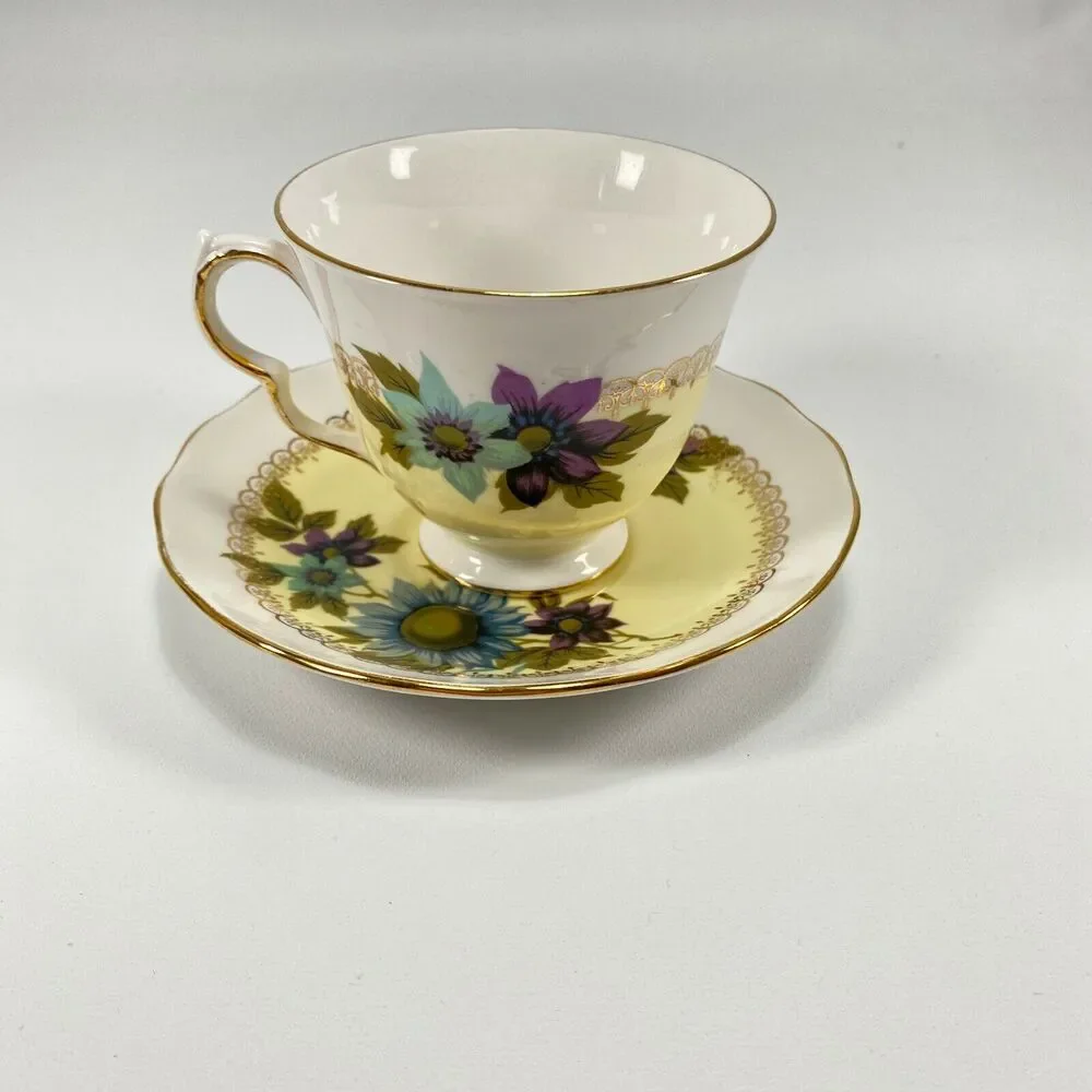 Vtg Queen Anne Ridgway Potteries China Tea Cup & Saucer 8436 Yellow Blue Daisy